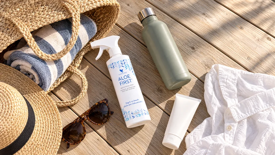 Conținutul unei genți de plajă: pălărie, prosop, sticlă de apă, ochelari de soare și un spray cu aloe vera